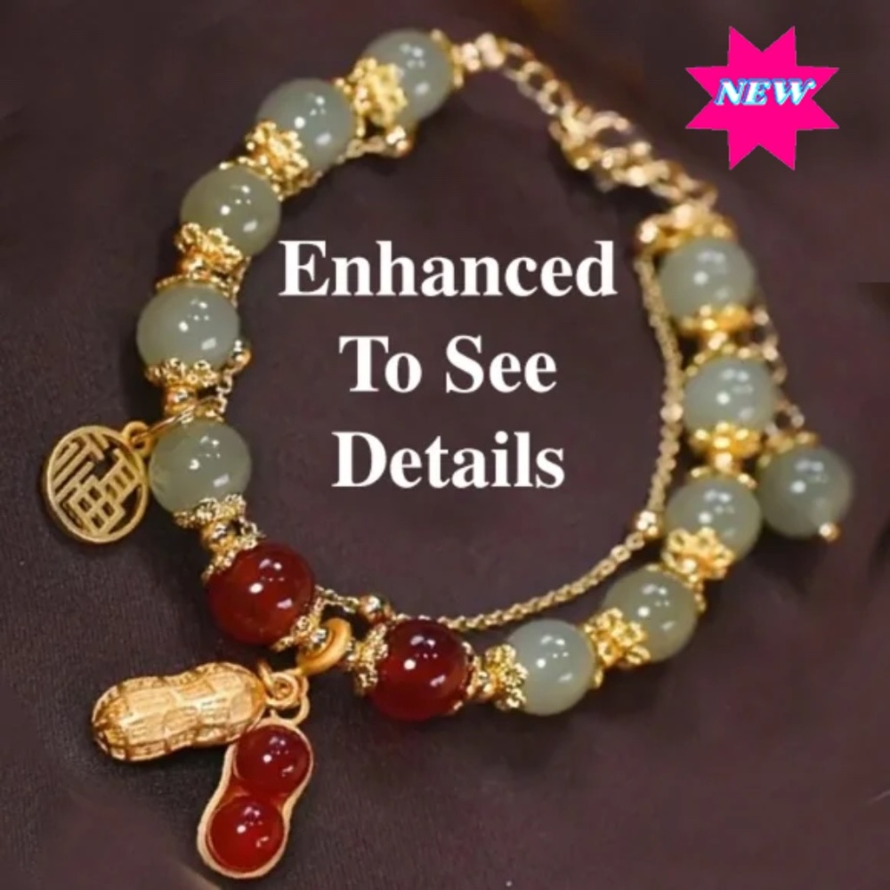 Bracelet Double Layer Red (Mostly Green) Glass Beads & Chain - Pics Enhanced